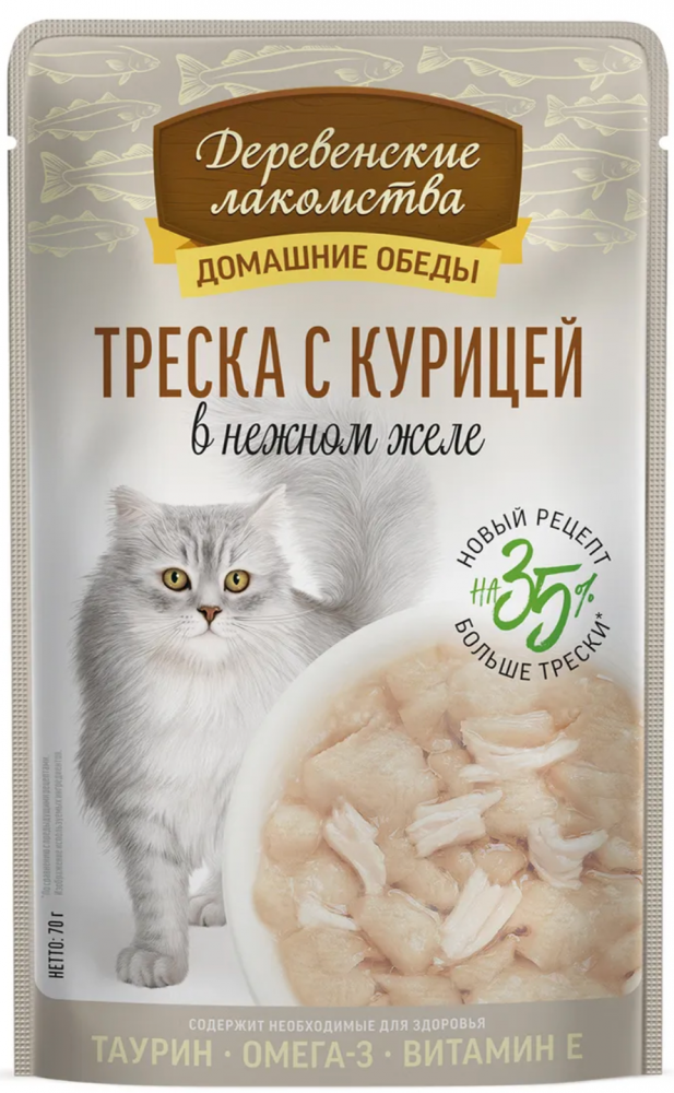 ПАУЧ Деревенские лакомства Треска с курицей: ЖЕЛЕ 75 г для кошек