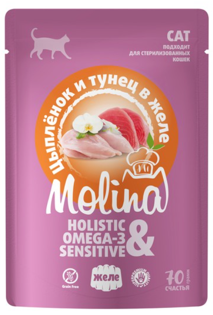 Консерва Molina Цыпленок и тунец  для кошек: ЖЕЛЕ 70 г паучn