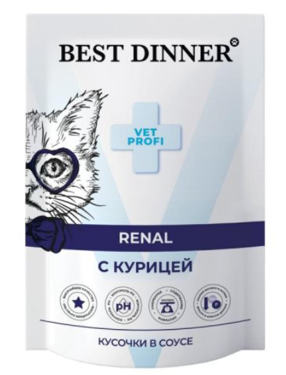 Бест Диннер пауч Exclusive Vet Profi Renal для взрослых кошек, кусочки в соусе с курицей 85 г