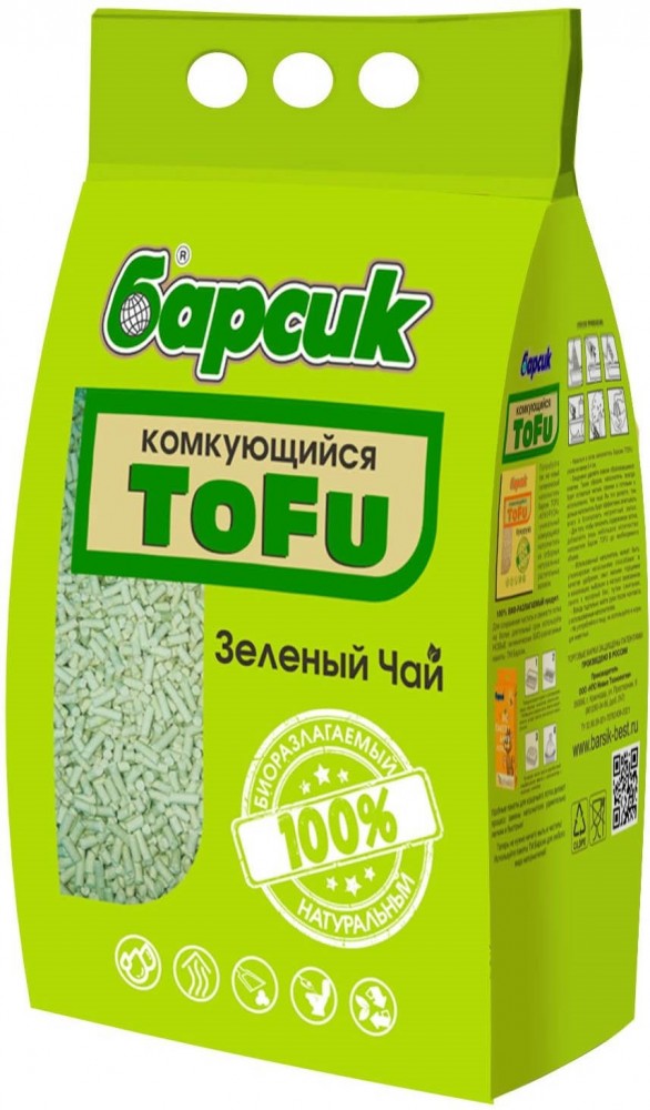 Наполнитель Барсик ТОФУ ЗЕЛЕНЫЙ ЧАЙ без запаха для кошек 4,54 л, 2,3 кг