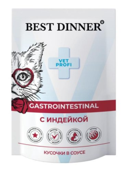 Бест Диннер Пауч Exclusive Vet Profi Gastro Intestinal для взрослых кошек, кусочки в соусе, с индейкой, 85 г
