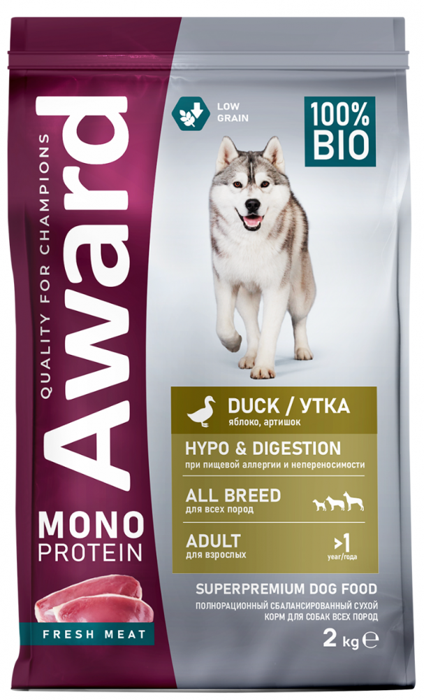 Корм Award Monoprotein Медиум/Макси из утки с добавлением яблок и артишока для собак всех пород
