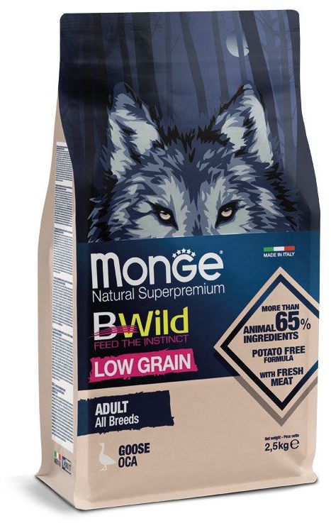 Корм сухой Monge Dog BWild LOW GRAIN низкозерновой корм из мяса гуся для взрослых собак всех пород 2,5 кг