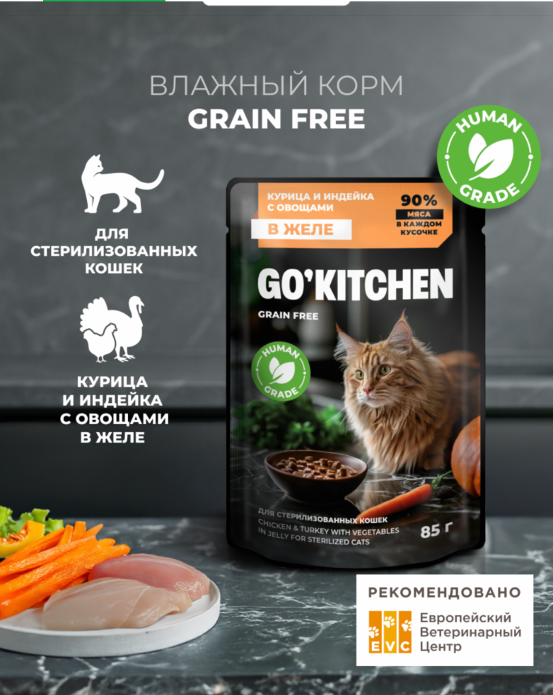Паучи GO! Kitchen для стерилизованных кошек: с курицей и индейкой с овощами 85 г: ЖЕЛЕ