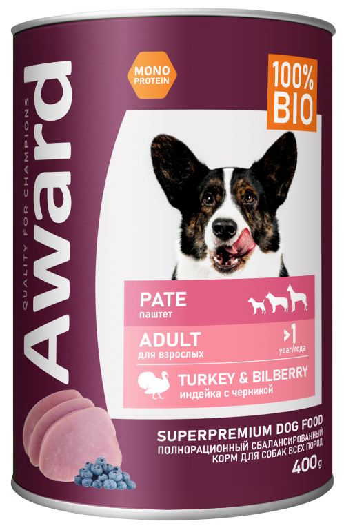Влажный корм AWARD для взрослых собак паштет из индейки с черникой 400 г