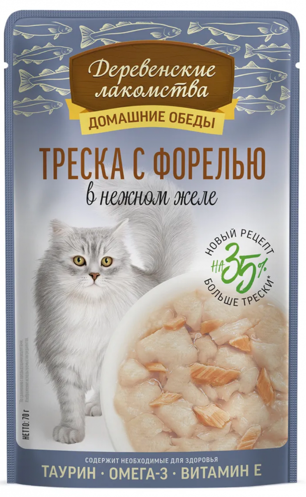 ПАУЧ Деревенские лакомства Треска с форелью: ЖЕЛЕ 75 г для кошек