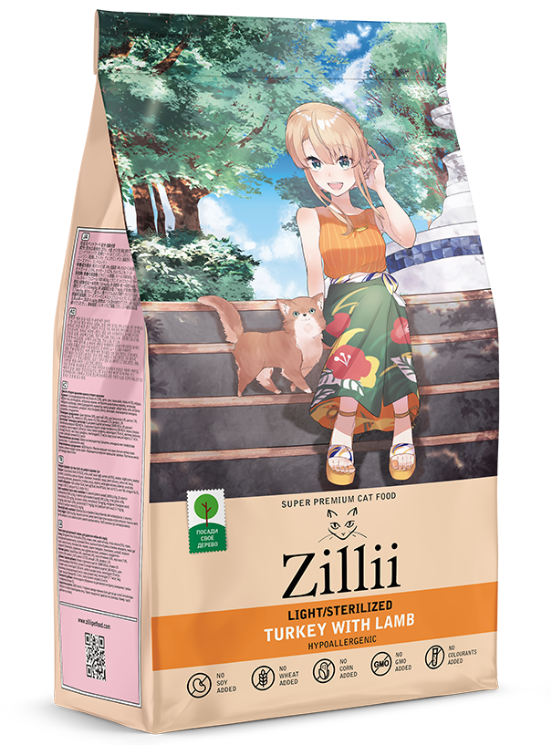 Корм ZILLII Light/Sterilized для взрослых кошек стерилизованных с Индейкой и Ягненком