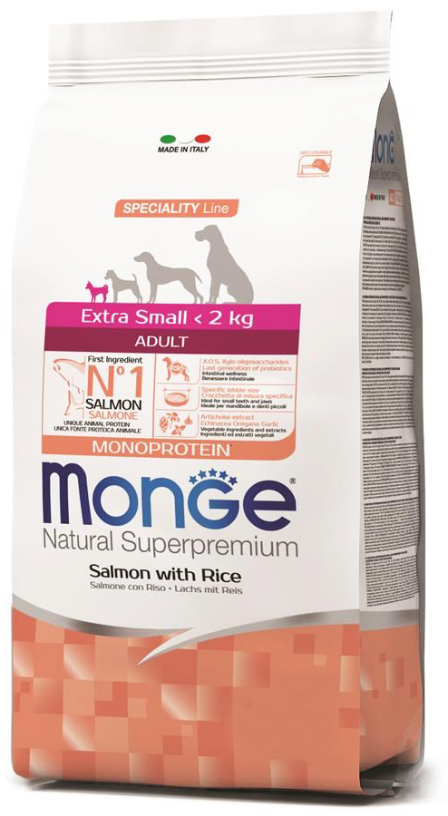 Корм Monge Dog Speciality Line Monoprotein Extra Mini для взрослых собак миниатюрных пород, из лосося с рисом 800 г