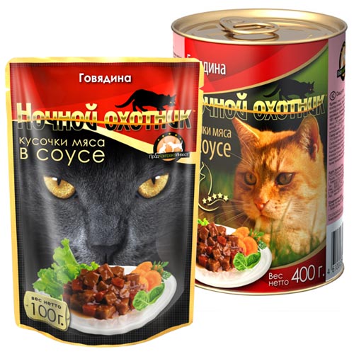Ночной охотник / Паучи для кошек Говядина кусочки в соусе 100 г