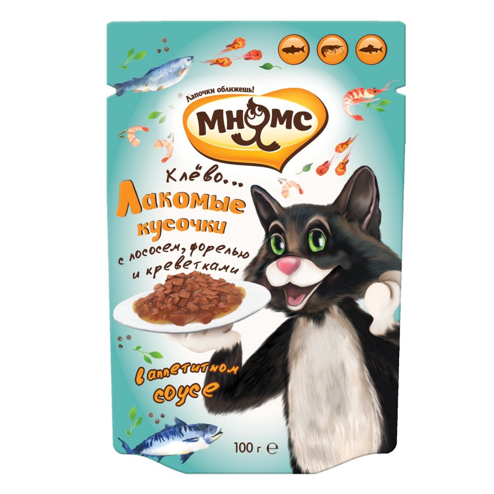 Мнямс ПАУЧ Ферма кота Фёдора рыбные кусочки с лососем, креветками и форелью: СОУС 85 г для кошек