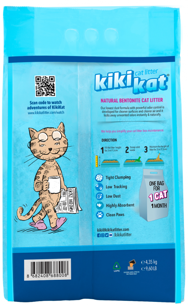 Бентонитовый наполнитель для кошачьего туалета KikiKat супербелый комкующийся, 5 л